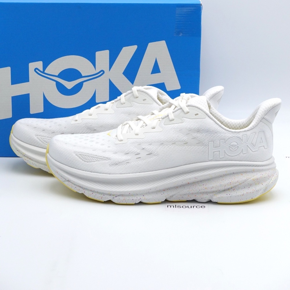 NEW Size 12 Men's HOKA Clifton 9 Running Shoes 1127895-WTL White/Lemonade